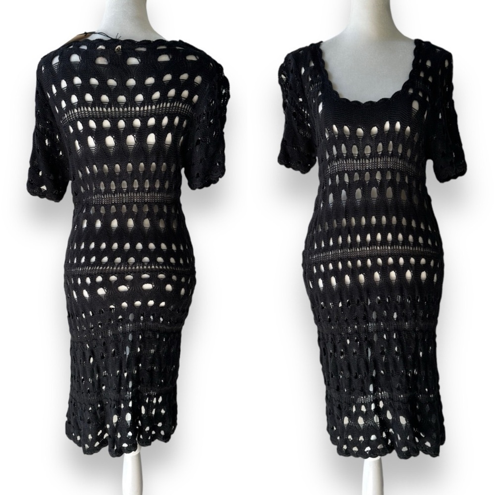 New Kial Black Crochet Knit Short Sleeve Midi Dress or Swim Cover | Large - Picture 2 of 12